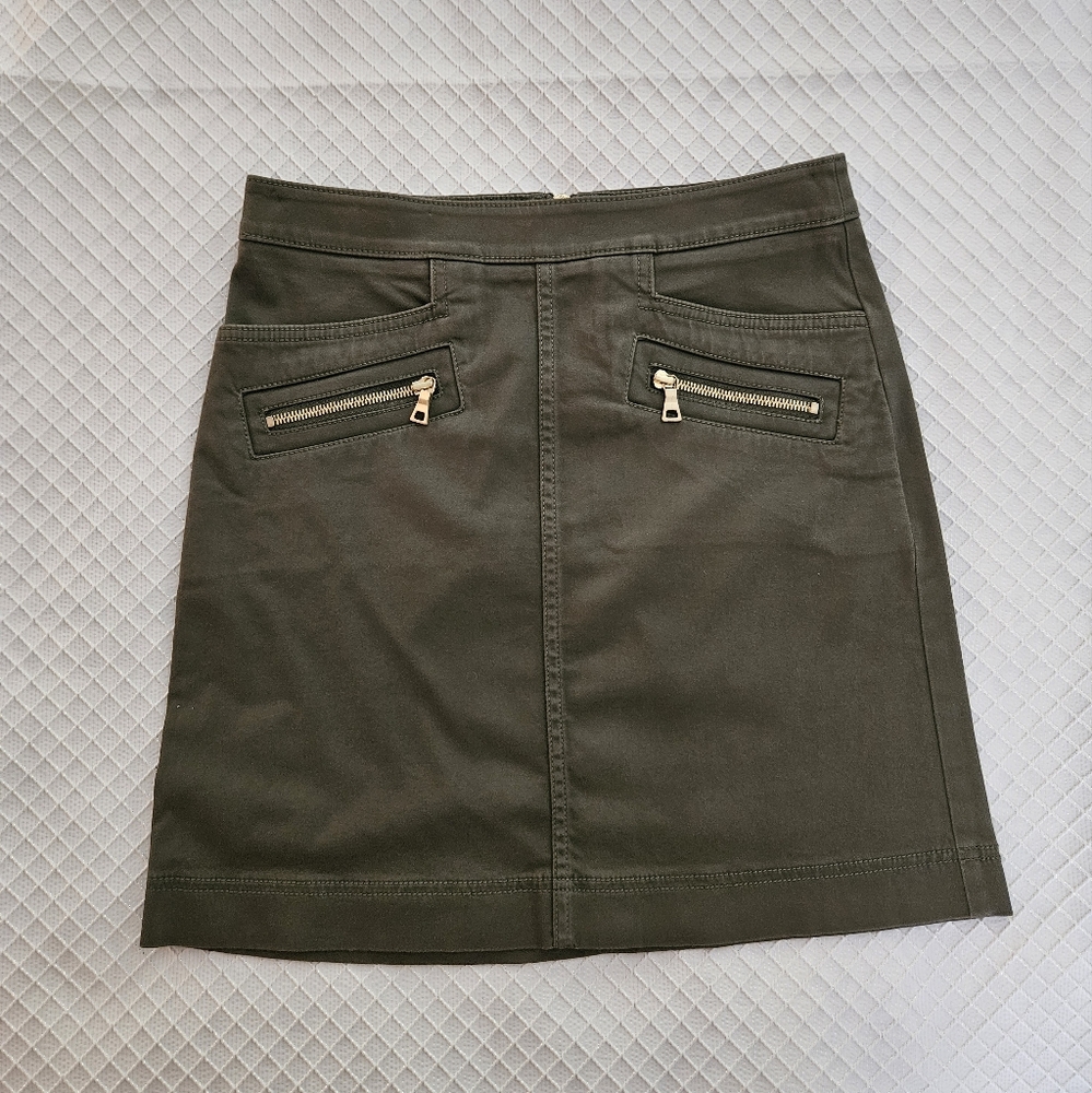 LOFT Petite Olive Green Mini Skirt with Gold Zipper Details - Picture 2 of 9